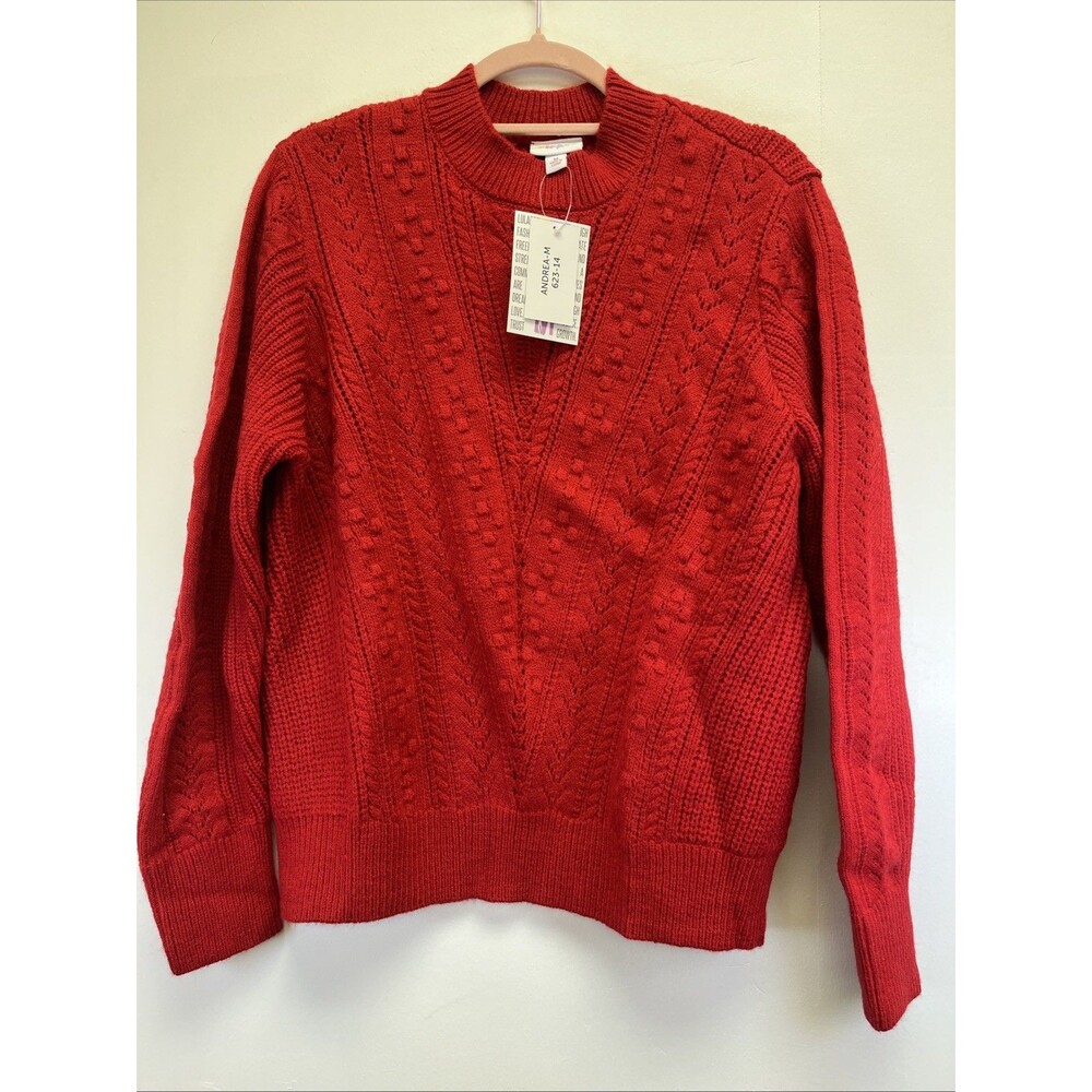 Cable Chevron True Red Cable Women`s Sweater Loose Fit size M Chunky Knit